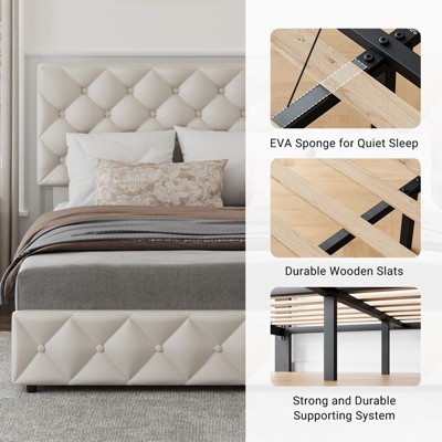 Upholstered Queen Platform Bed Frame with 4 Storage Drawers, PU Leather with Button Tufted, Wooden Slats Support, No Box Spring Needed, Noise-Free