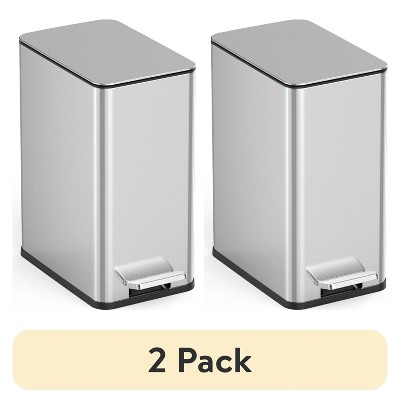 LunaLulinlk Silver Stainless Steel (2 Pack) 2.6 Gallon Trash Can, Ultra-Slim Step-Up Bathroom Trash Can