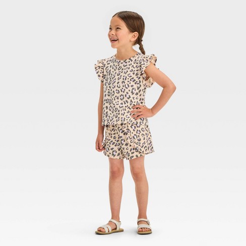 Grayson Mini Toddler Girls' Flutter Sleeve Leopard Printed & French Terry Shorts Set - Beige - image 1 of 4