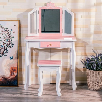 2-in-1 Princess Vanity Set,Princess Makeup Table with Mirror, Stool, Tri-Folding Mirror & Drawer