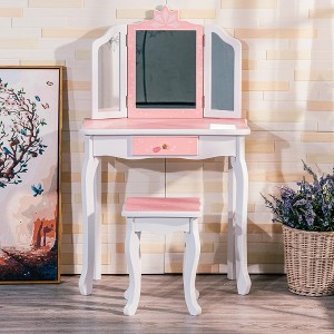 2-in-1 Princess Vanity Set,Princess Makeup Table with Mirror, Stool, Tri-Folding Mirror & Drawer - 1 of 4