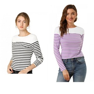 Allegra K Women's Color Block Round Neck Long Sleeves Striped Basic T-Shirt 2 Packs - 1 of 4