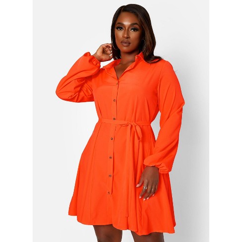 Rebdolls Women's Plus Button Front Tie Waist Mini Skater Dress - Orange -  Medium