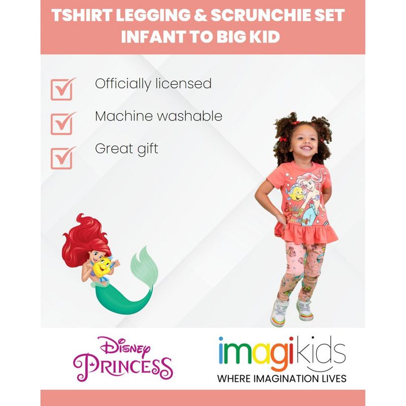 Disney Minnie Mouse Princess Frozen Little Mermaid T-Shirt Leggings and Scrunchie 3 Piece Outfit Set Infant to Big Kid, 2 of 10