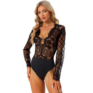 Allegra K Women's Long Sleeve Bodysuit Clubwear V Neck Lace Mesh See Through Jumpsuits Rompers Top - 1 of 4