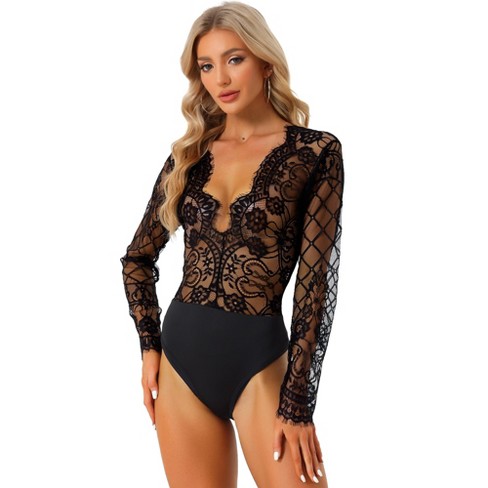 Women's Bodysuit Floral Lace Long Sleeve Mesh Sheer V Neck One Piece  Bodysuit