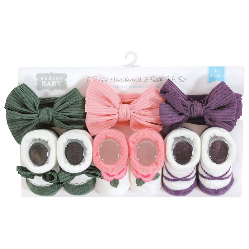 Hudson Baby Infant Girl Headband and Socks Giftset, Purple Green, One Size, 2 of 6