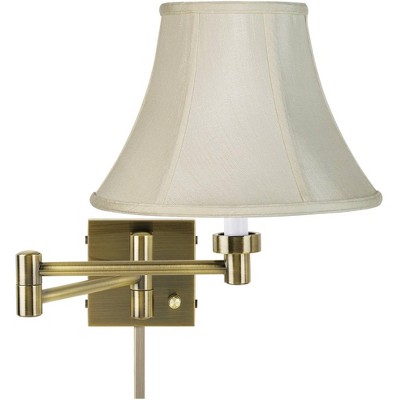 Barnes and Ivy Modern Swing Arm Wall Lamp with Cord Cover Antique Brass Plug-In Light Fixture Creme Fabric Bell Shade for Bedroom