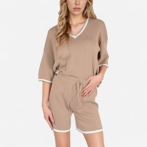Anna-Kaci Lounge Women's Knit Lounge Set with V-Neck Top and Drawstring Shorts Featuring Contrast Trim - 1 of 4