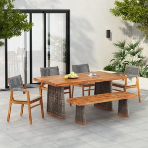 Christopher Knight Home Amara Rustic 6 Piece Outdoor Acacia Wood Dining Set with Rattan Slatted Table and Cushions - 1 of 4