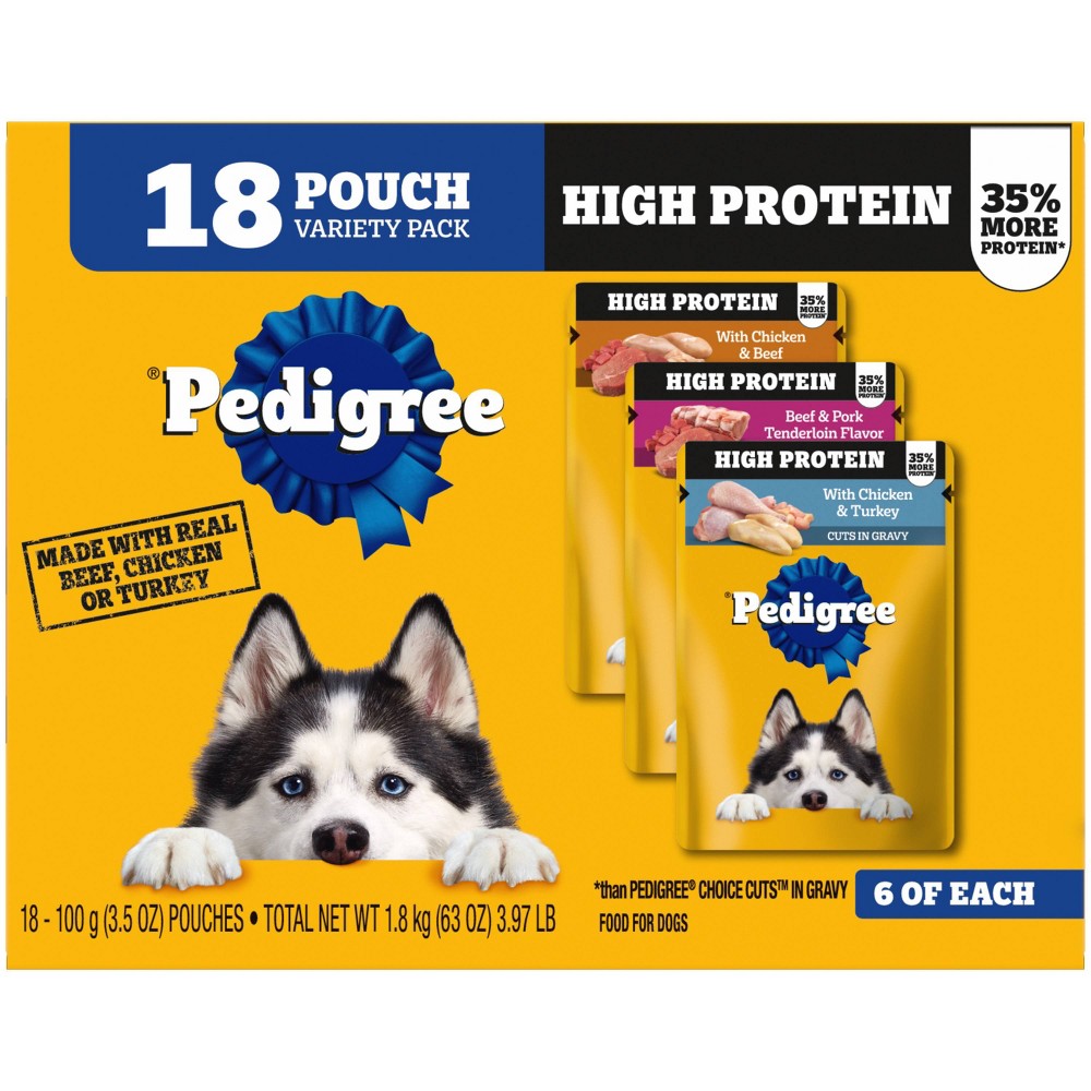 Pedigree High Protein Chicken and Turkey, Beef and Pork Tenderloin, Chicken and Beef Adult Wet Dog Food - 3.5oz/18ct