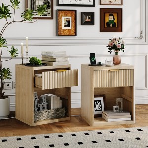 Fluted Nightstand with Charging Station, Bedside Table with Drawers, Open Storage Space, Rounded Corners, Mid Century Modern End Table - 1 of 4