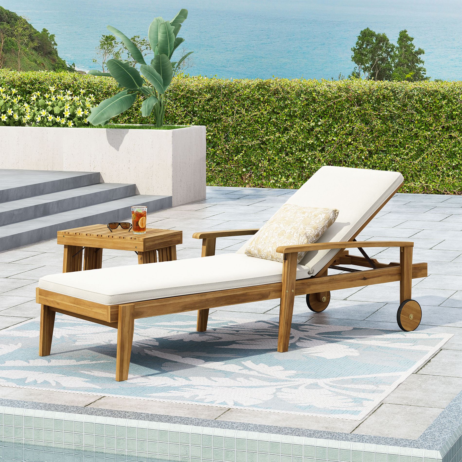 Outdoor Acacia Wood Chaise Lounge, 5-Position Adjustable Recliner Patio Lounge Chair with Water-Resistant Cushions, Teak+Beige - ModernLuxe