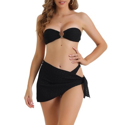 INSPIRE CHIC Women's O Ring Bandeau Ribbed Bikini Sets Triangle Bottoms with Cover Up Bottoms Swimwear Bathing Suits 3 Pieces