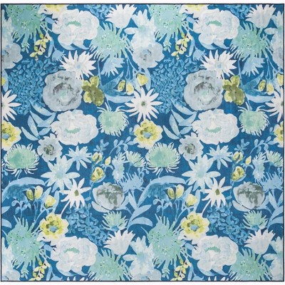 Navy Blue Floral Square Outdoor Synthetic Rug