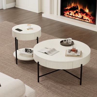 Round Wood Coffee Table with Storage Drawers, White and Beige Accent Table for Living Room, Circle Center Table with Ample Storage Space Beige