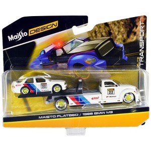 Flatbed Truck #22 White with Stripes and 1988 BMW M3 E30 #22 White with Stripes "Elite Transport" 1/64 Diecast Models by Maisto - 1 of 3