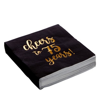 Black and Gold Cheers to 75 Years Cocktail Napkins, 50-Pack