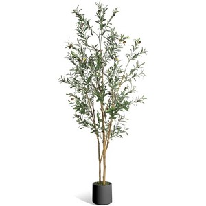 4/5/6/7FT Artificial Olive Tree, Faux Silk Plant with Natural Wood Trunk, Lifelike Fruits, Imitation Ceramic Planter & Green Moss for Home Office - 1 of 4