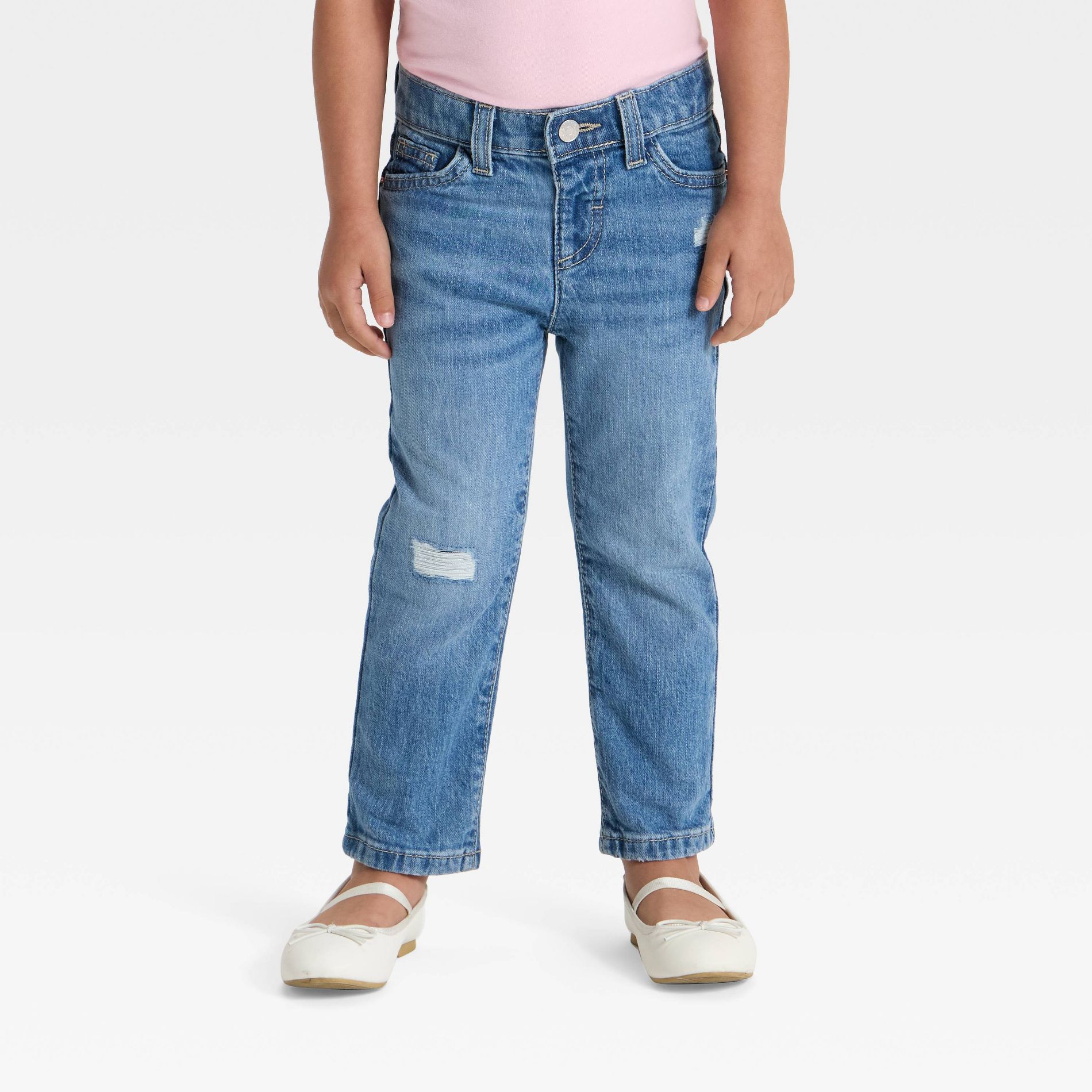 Toddler Girls' Distressed Denim Straight Leg Pants - Cat & Jack™ Medium Wash 2T