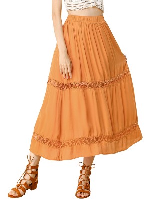 Allegra K Women's Lace Insert Vintage Swing A-Line with Elastic Waist Maxi Skirt