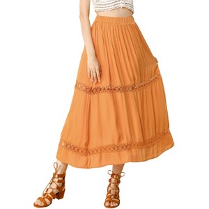 Allegra K Women's Lace Insert Vintage Swing A-Line with Elastic Waist Maxi Skirt - 1 of 4