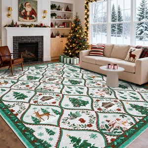 Washable Christmas Area Rug Non Slip Decorative Xmas Holiday Carpet with Santa & Reindeer Print Soft Non Shedding - 1 of 4