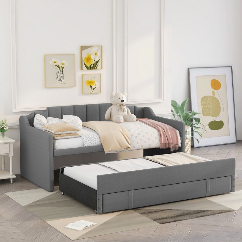 Twin Size Upholstered Daybed with Trundle Bed and Three Drawers-ModernLuxe, 3 of 10