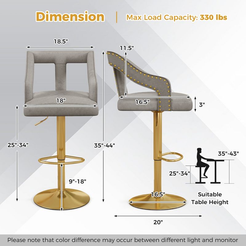 Costway Set of 2 Swivel Bar Stool with Footrest, 2-Layer Electroplated Metal Base Grey, 3 of 10