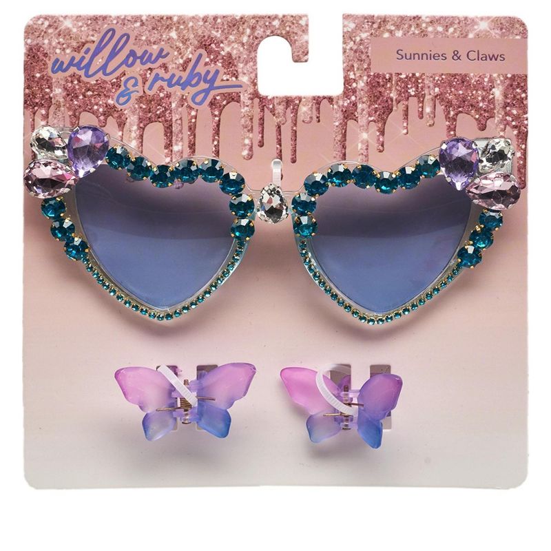 Willow & Ruby Kid's Fun Sunglasses with Hair Clip Set for Girls - Sunnies & Claws in Blue Heart & Butterfly Hair Clips, 3 of 6