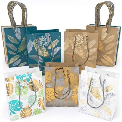 Arteza Gift Bags, Blue, White & Kraft, Leaf, Feather Designs - 15 Pack (ARTZ-8571)