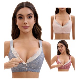 INSPIRE CHIC Front Closure for Women's Lace Full Coverage V Neck Wirefree Adjustable Straps Bras 3 Packs - 1 of 4