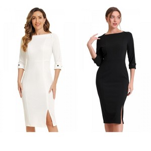 INSPIRE CHIC Women's Elegant Boat Neck 3/4 Sleeves Work Midi Split Sheath Dress 2 Packs - 1 of 4