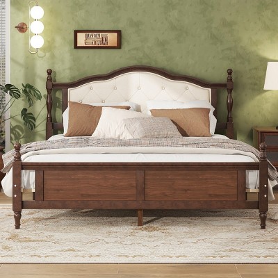 Queen Size Bed with Upholstered Headboard and Panel Footboard, Vintage Pine Wood Platform Bed with Central Support-Baofuwish