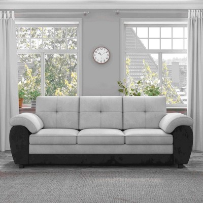 SKRAN 3 Seat Sofa,Modern Upholstered , 81.9″L for Apartments, Offices and Living Rooms(Black leather paired with gray velvet)