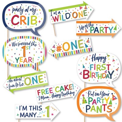  Big Dot of Happiness Funny 1st Birthday - Cheerful Happy Birthday - Colorful First Birthday Party Photo Booth Props Kit - 10 Piece 