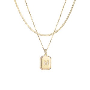 Adornia 14k Gold Plated Pave Tag Pendant and Herringbone Chain Necklace Set - 1 of 3