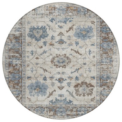 Beige And Blue Floral Washable Indoor Outdoor Area Rug