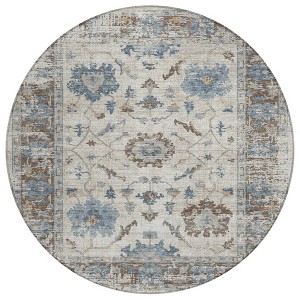 Beige And Blue Floral Washable Indoor Outdoor Area Rug - 1 of 4