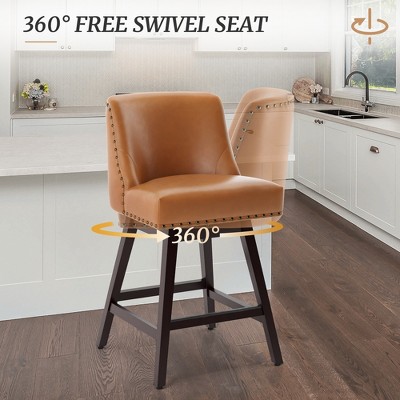 Cognac Brown 26'' Swivel Counter Stools with Nailhead Trim, Set of 2