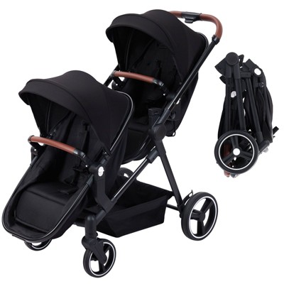 Acekool Double Track Tandem Stroller with Foldable Bassinet, Multi-Position Reversible Seats, Large Storage Basket & Adjustable Canopy