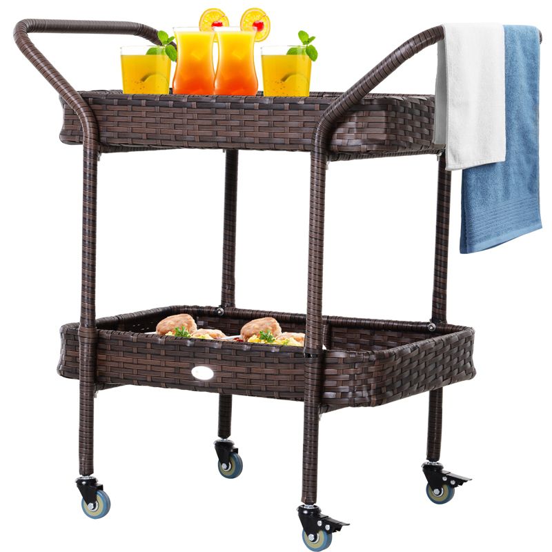 Outsunny Rattan Wicker Serving Cart with 2-Tier Open Shelf, Outdoor Wheeled Bar Cart with Brakes for Poolside, Garden, Patio, 4 of 9
