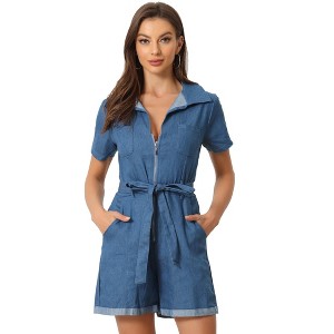 Allegra K Women's Denim V Neck Zip Up Short Sleeve Belted Jumpsuit - 1 of 4