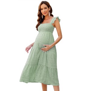 Womens Square Neck Smocked Maternity Dress Flutter Sleeve Summer Maxi Sundress - 1 of 4