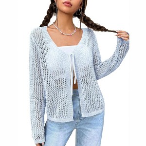 Womens Lightweight Crochet Cardigan Tie Front Shrugs Knit Cardigan Crop Tops Long Sleeve Mesh Sweaters Summer Beach Cover Up - Light Blue S - 1 of 4