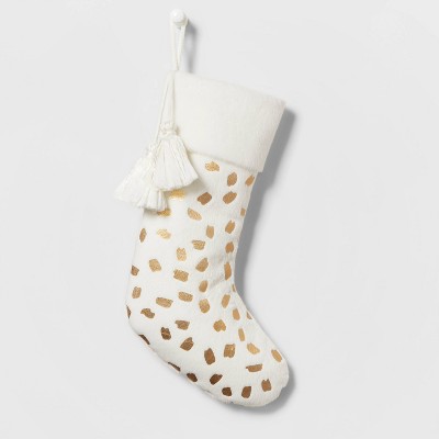 Faux Fur Christmas Stocking with Metallic Print and Tassels Ivory - Wondershop™