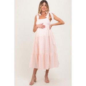 Pinkblush Light Pink Gingham Lace Trim Shoulder Tie Maternity Maxi Dress - 1 of 4