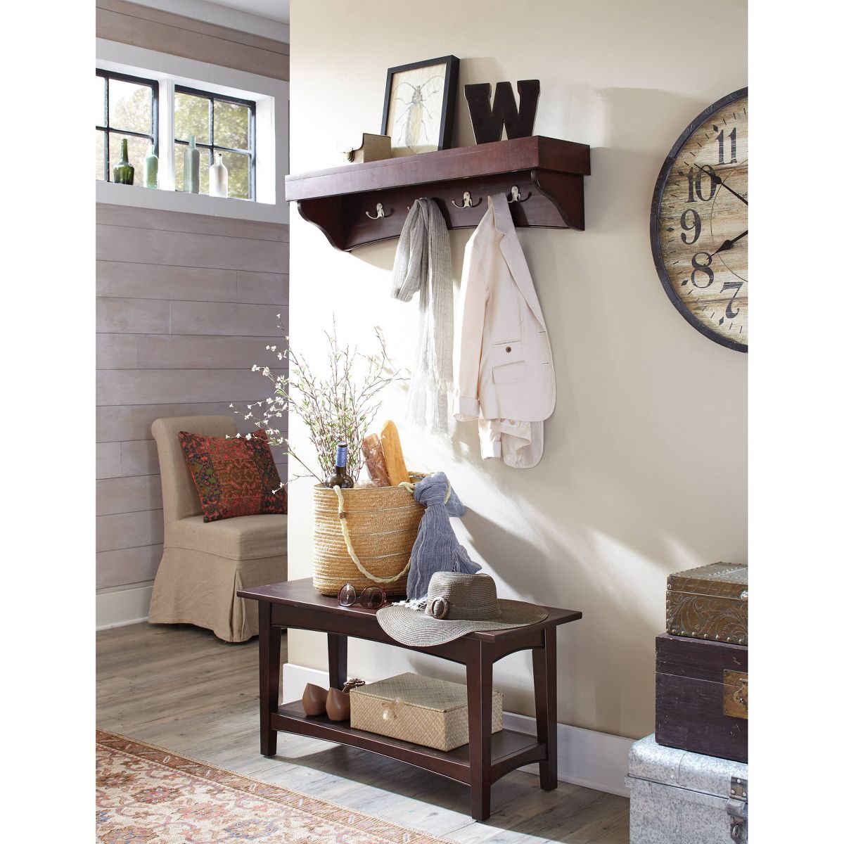 Alaterre Furniture Shaker Cottage Tray Shelf Coat Hook with Bench Set Espresso: Entryway Organizer, Wood Hall Tree - thumbnail 2
