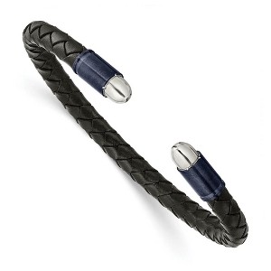 Black Bow Jewelry 6mm Stainless Steel & Black Leather Braided Cuff Bracelet, 7.25 Inch - 1 of 4