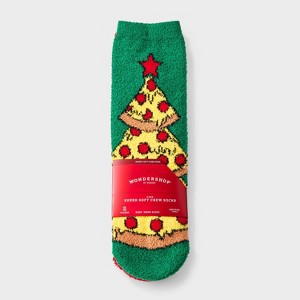 Kids' 2pk Pizza Christmas Tree Cozy Crew Socks with Gift Card Holder - Wondershop™ Green - 1 of 3